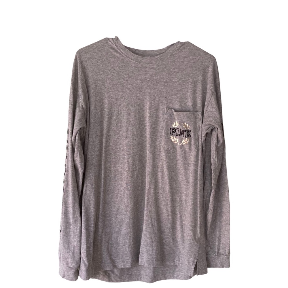Pink Victoria’s Secret gray long sleeve crew neck pocket T-shirt medium